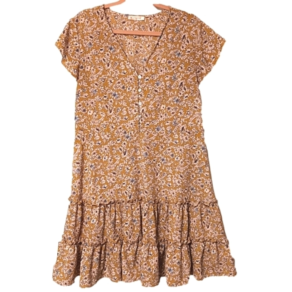 Kirundo Mustard Yellow Ditsy Floral‎ Print Cap Sleeve Tiered Ruffle Mini Dress L